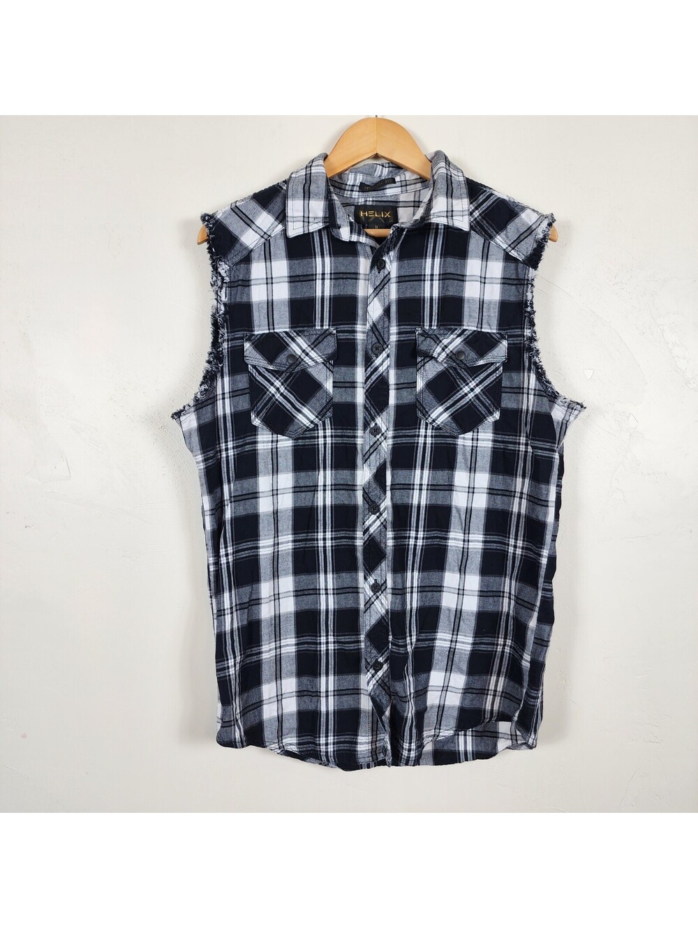 Helix Mens Sleeveless Plaid Shirt Black White Flannel Cutoff Button Up Medium M